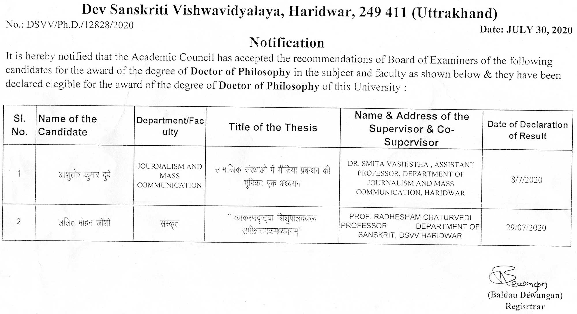 phd award notification